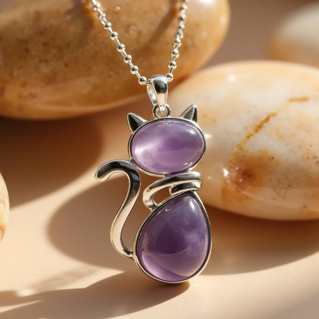 Märta™ | Halsband med katt i äkta sten