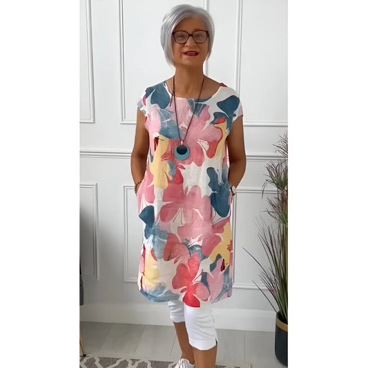 Ellen™ | Kevyt perhoskuvioitu mekko pyöreällä pääntiellä